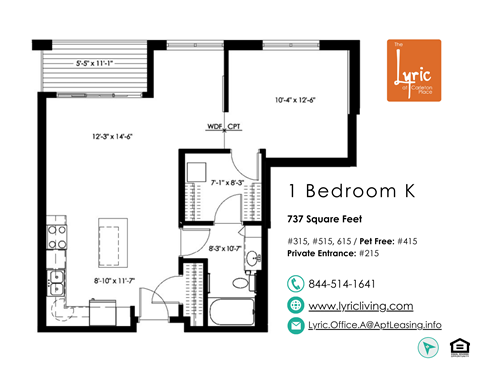 Floor plan for 1 bed, 1 bath, 737 sqft